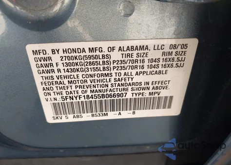 2005 Honda Pilot Ex from USA, damaged, VIN 5FNYF18455B066907